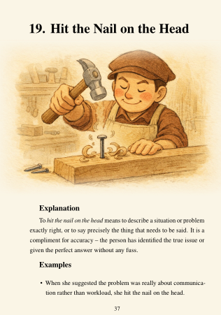 Illustration of a worker hitting a nail with a hammer, explaining the idiom 'hit the nail on the head'.