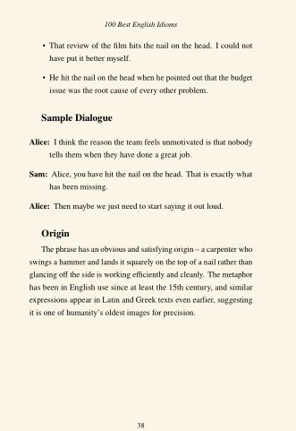 Text page with English idioms, sample dialogue, and origin explanation on a white background.