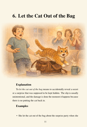 Illustration of a boy letting a cat out of a bag, with people reacting in the background.