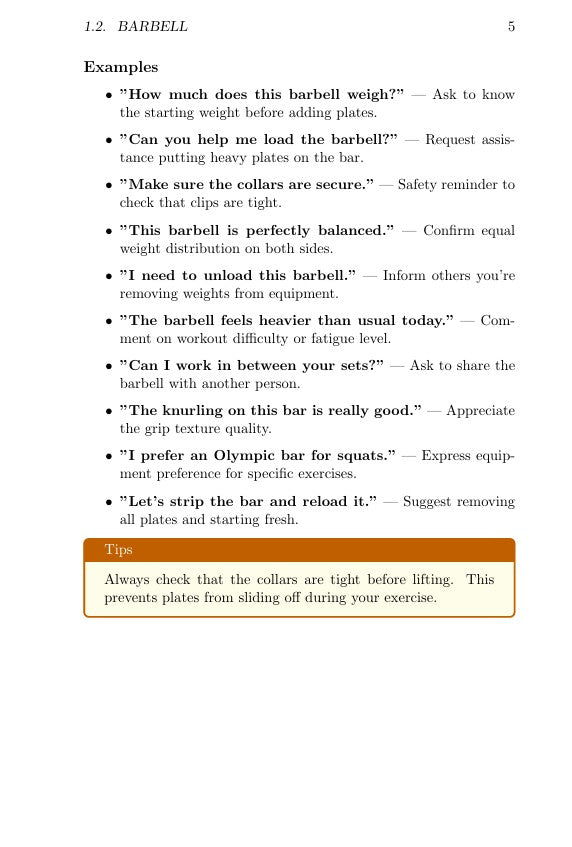 Text guidelines for using a barbell with examples and tips on a white background