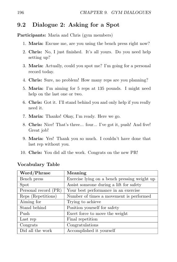 Text document with gym dialogues and vocabulary table on a white background