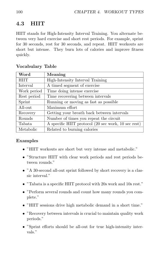 Page from Gym English Book High-Intensity Interval Training (HIIT) with definitions and examples.