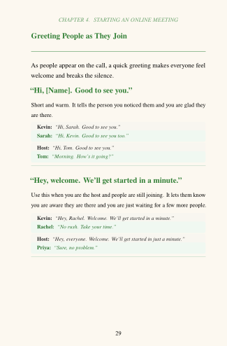 Text page from a book or document on starting an online meeting with greetings.