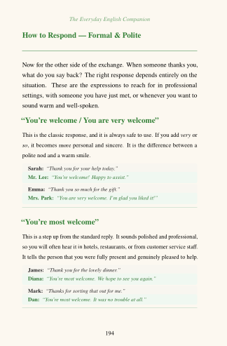 Page from a book or manual on how to respond formally and politely, with examples and text.